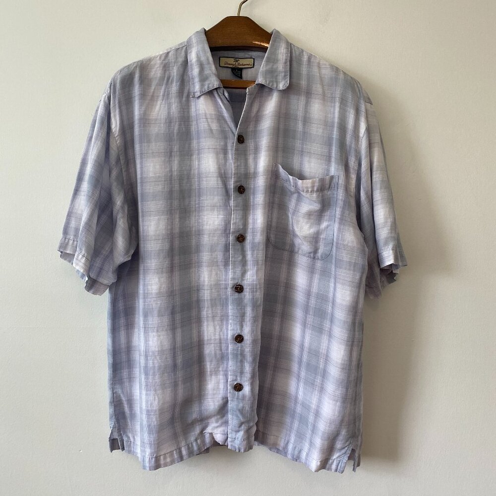 Tommy Bahama Blue Plaid Short Sleeve Button Shirt Mens Large Tencel Linen